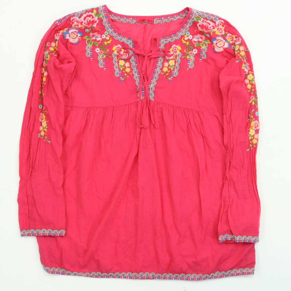 Johnny Was Women Medium Tunic Blouse Shirt Pink Floral Embroidered Lace Cotton